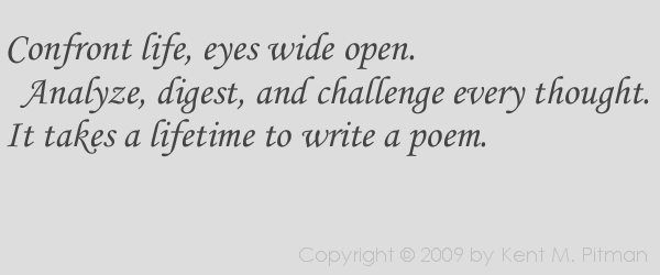 [ Confront life, eyes wide open.  Analyze, digest, and challenge every thought.  It takes a lifetime to write a poem. ]